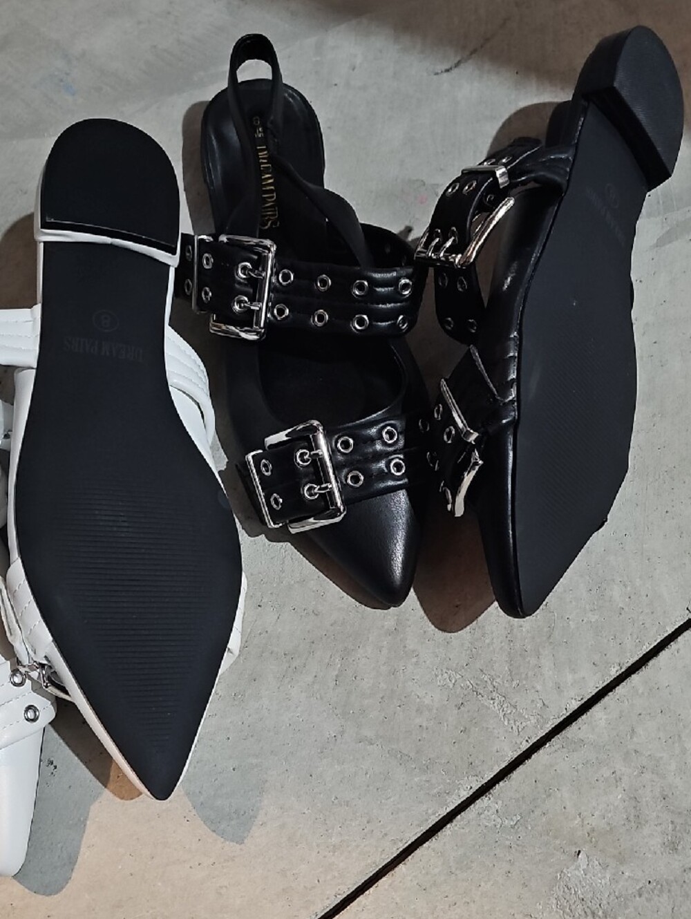Bundled Pointed Toe Slingback Flats with Buckle Strap - White And Black. - Picture 4 of 6